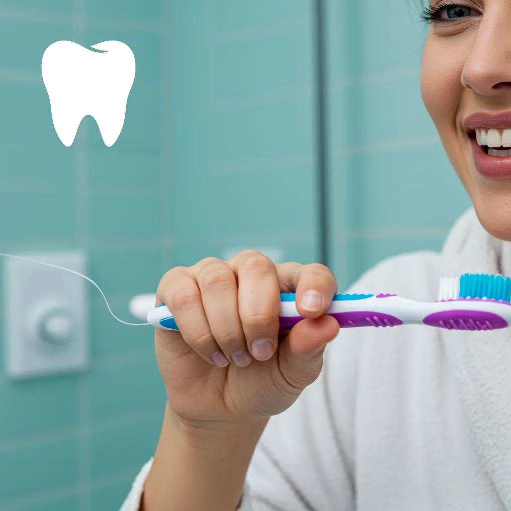 image of a woman smiling and holding a purple toothbrush