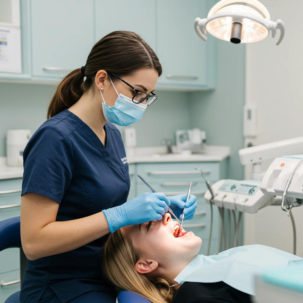 woman dentist holding two dental instruments in a patients mouth in the dental room
