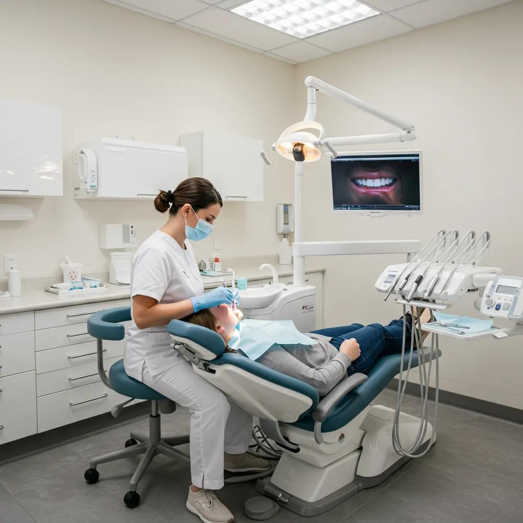girl in dental office chair while dentist leans over her and holds instruments in her mouth